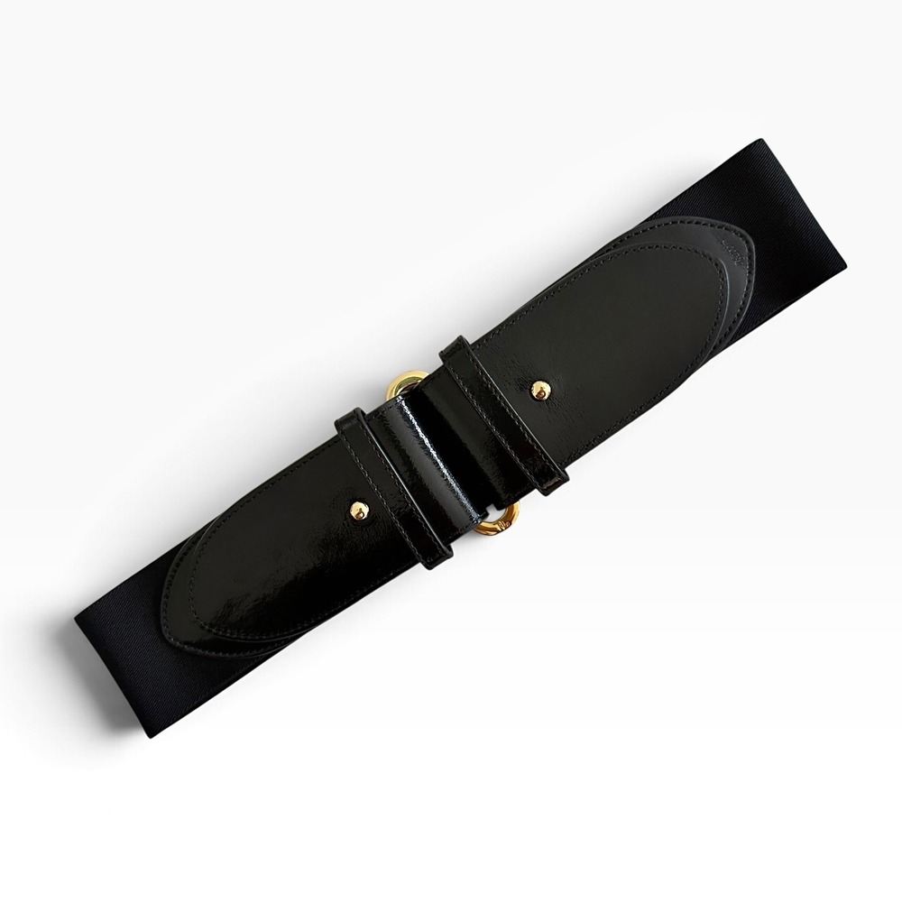 Lauren Ralph Lauren Black Patent Leather Stretch Belt Gold Office Siren Size S